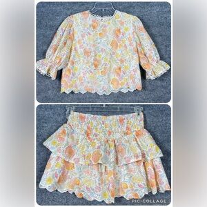 Avara Women’s Medium 2PC Set Multicolor Floral Puff Sleeve Top Tiered Skirt